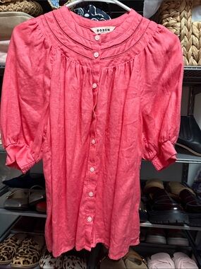 Boden Coral Pink Puff-Sleeve Button-Front 100% Linen Blouse